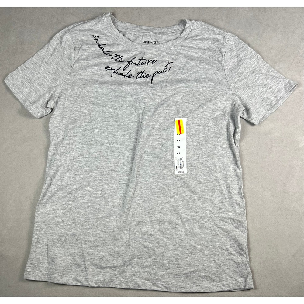 Nine West Womens XS Heather Gray Inhale The Future Graphic T-Shirt Crew Neck NWT